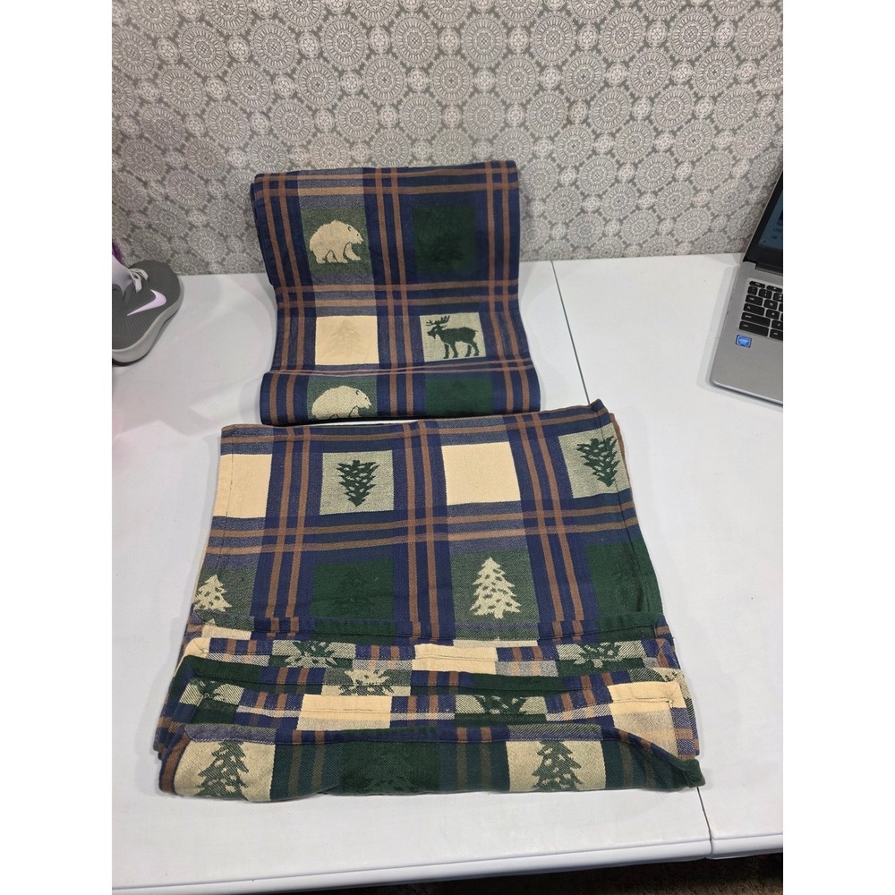 Cabin Bear Moose Tree Plaid Cotton Napkins Set of 5- 17" Square 72" Table Runner
